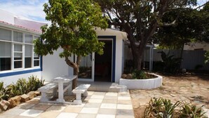 Une cour avec un sol carrelé à motifs, un banc blanc, un arbre et un bâtiment doté de bordures bleues et d’une porte.