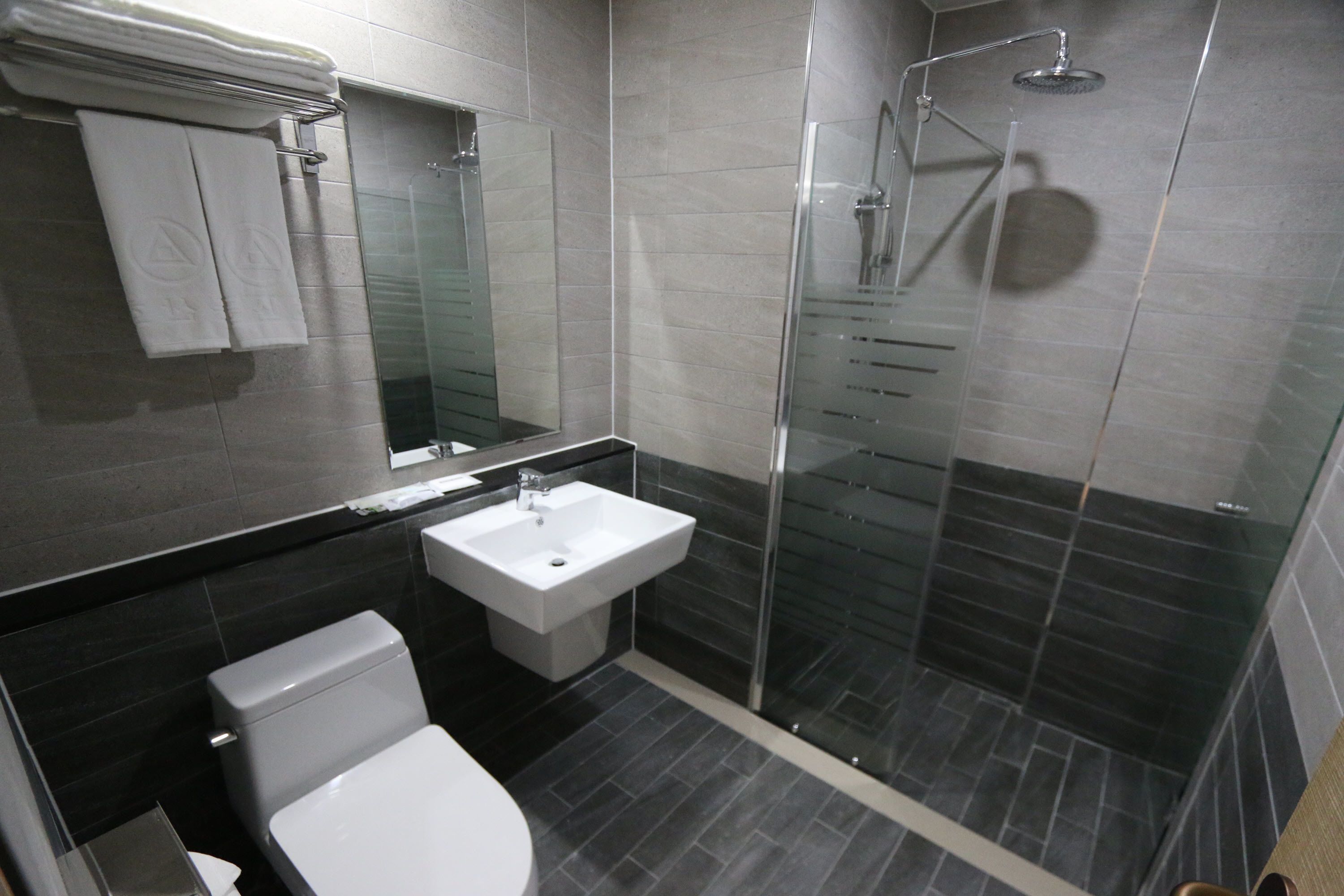 A modern bathroom with a toilet, sink, and glass-enclosed shower.