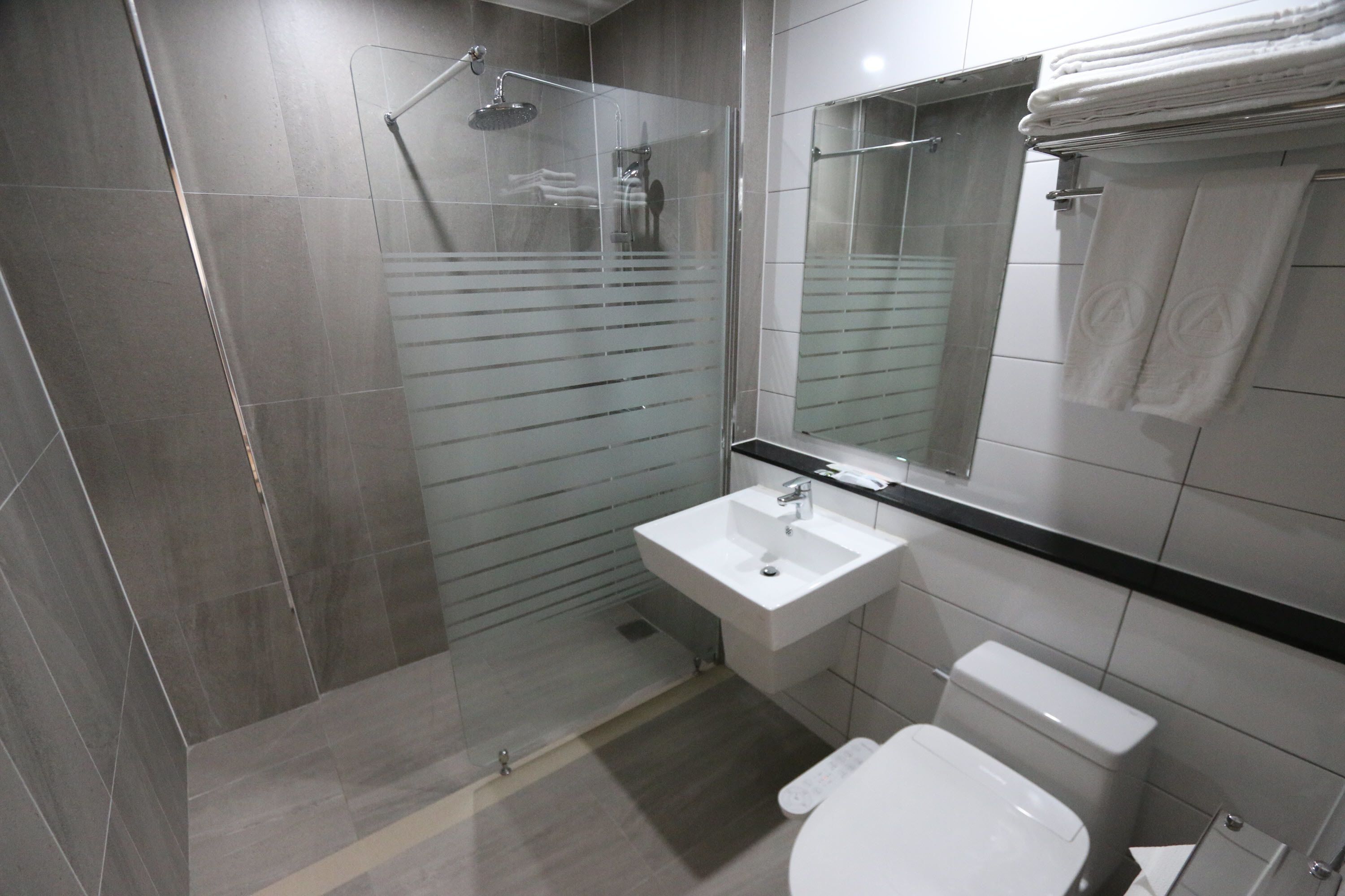 Un baño moderno con ducha de vidrio, lavamanos blanco y un inodoro.