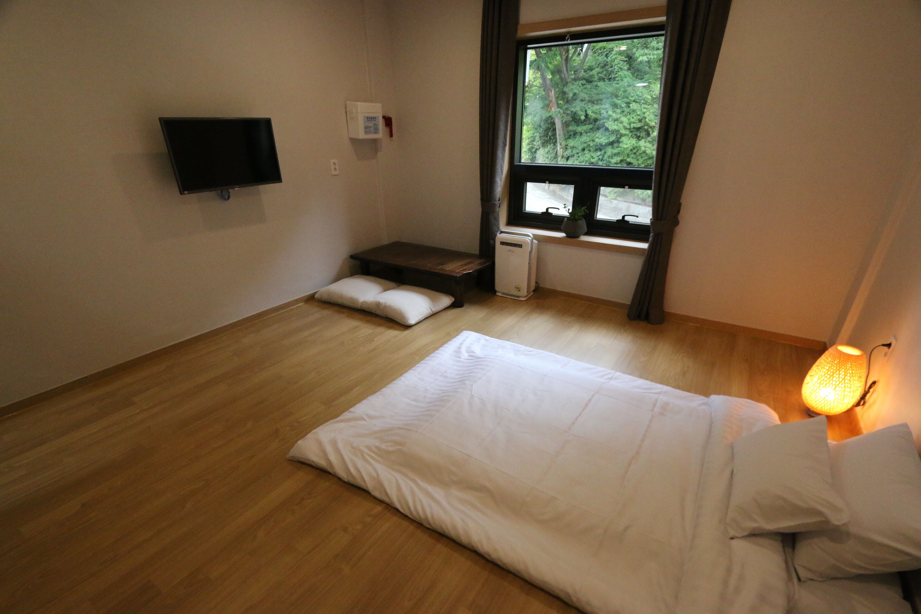 Un dormitorio con cama, televisión de pantalla plana en la pared, ventana con vista a árboles y lámpara de noche.