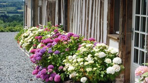 A rustic wooden building with a gravel driveway and a flower bed with white and purple flowers.