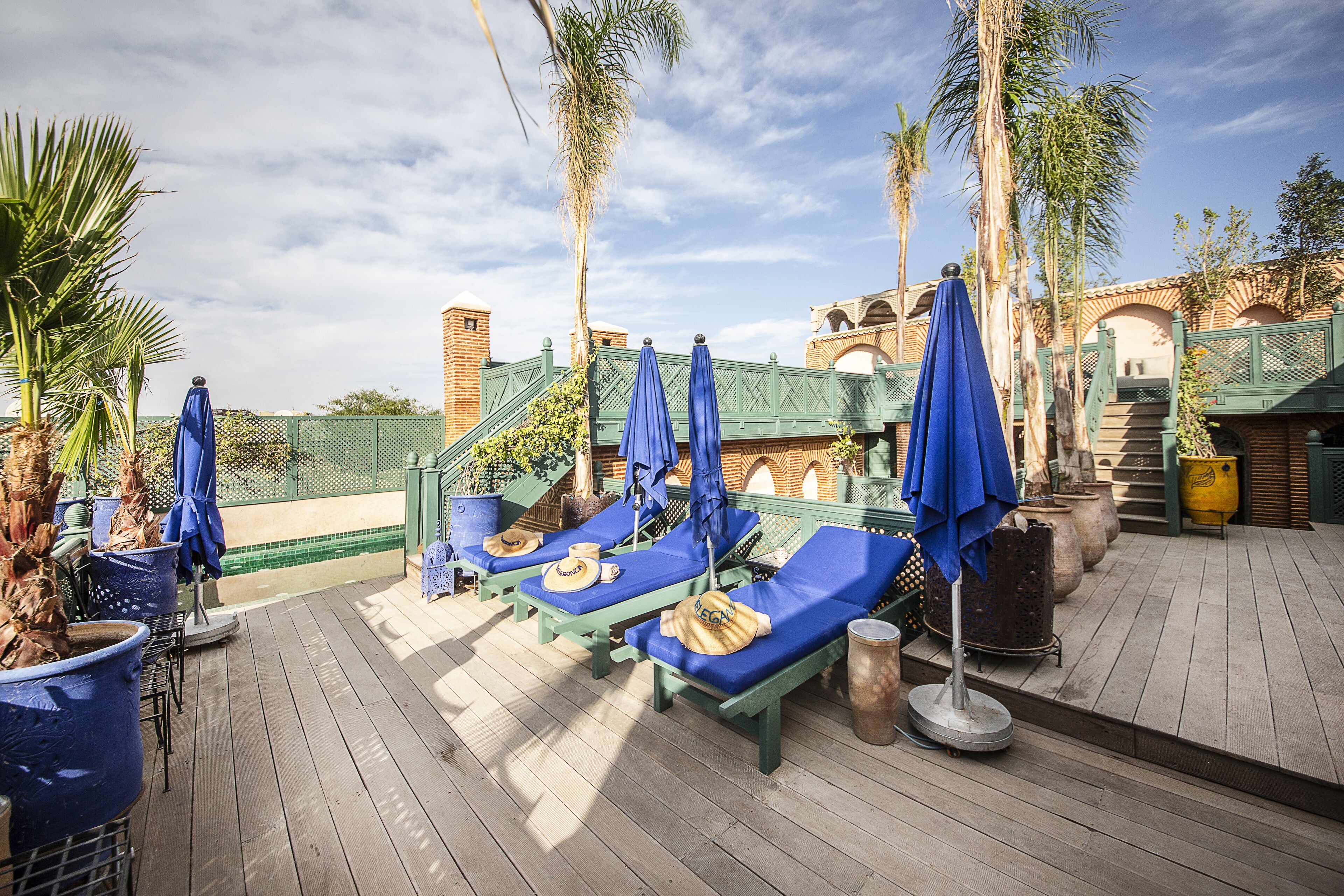 Une terrasse sur le toit, avec des chaises longues et des parasols, des palmiers et, au fond, un bâtiment en briques.