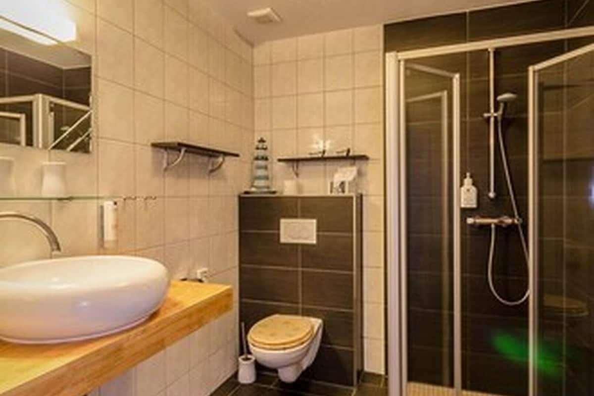 shower, free toiletries, hair dryer, towels