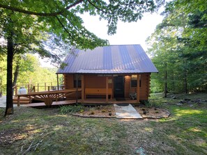 Une cabane rustique dotée d’un porche, d’une petite terrasse et d’un toit en métal.