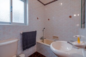 Combined shower/bathtub, hair dryer, towels, soap