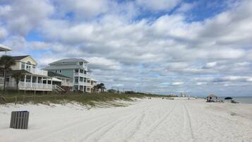 On the beach, sun loungers