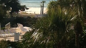 A beach view with palm trees, a sandy beach, and a clear sky. -  Beautiful Ocean Front, Deluxe 2 BR/BA , Free Wifi, Prime Location. (Panama City Beach)