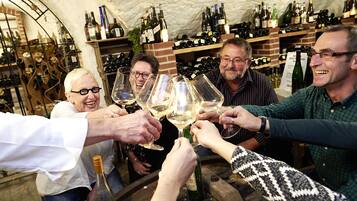 A group of people toasting with wine glasses in a cellar with wine bottles on shelves.