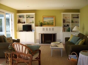 Smart TV, chimenea, reproductor de DVD y libros