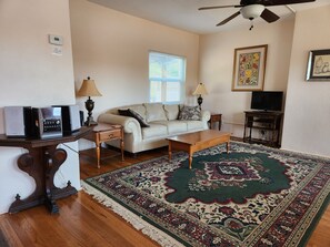 TV, DVD player, books, video library