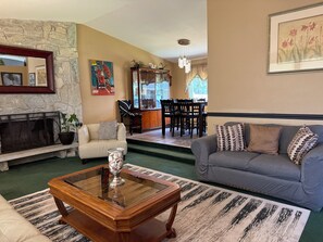 Smart-TV, peis, DVD-spiller og bøker