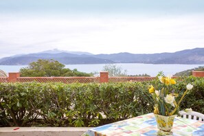 Una mesa con mantel colorido y un jarrón de flores amarillas y blancas.