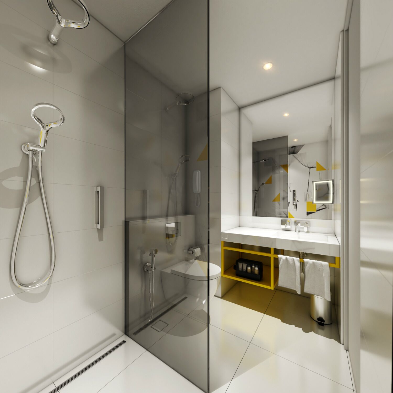 designer toiletries, hair dryer, bathrobes, bidet