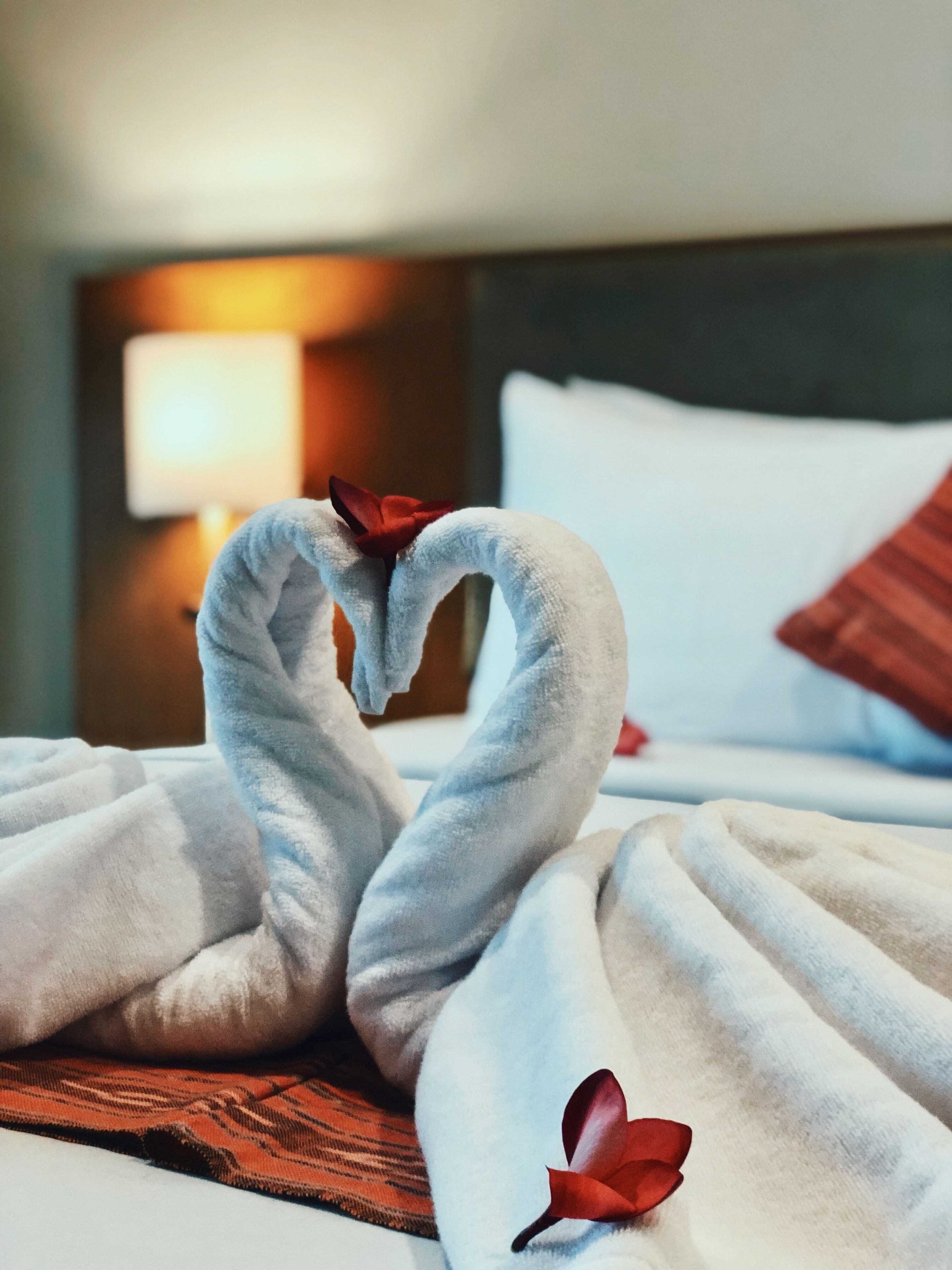 Una cama bien hecha con una toalla dispuesta en forma de corazón y un pétalo de rosa roja sobre la colcha.
