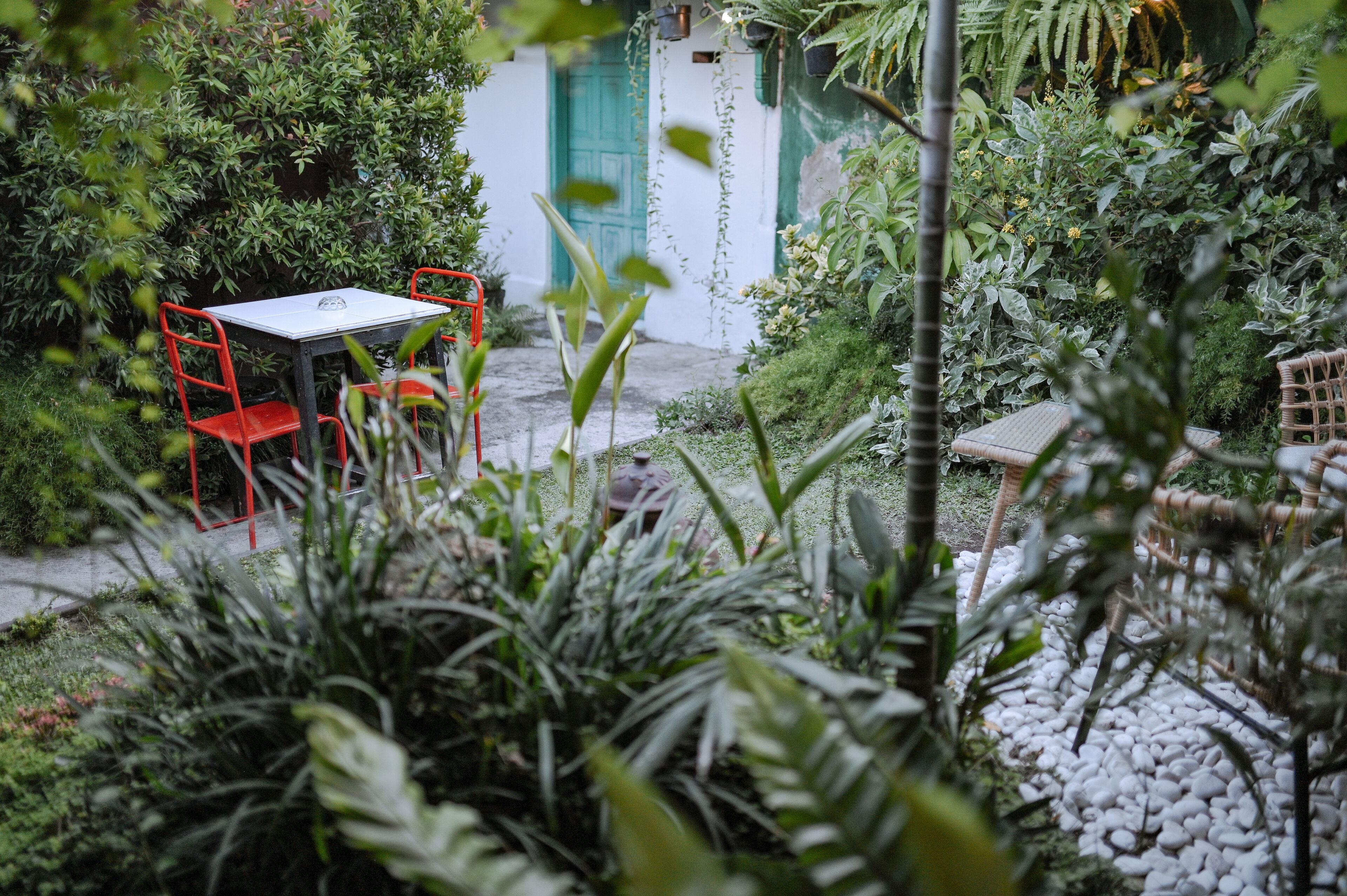 A garden with a table and chairs, surrounded by greenery and a white building with a green door.