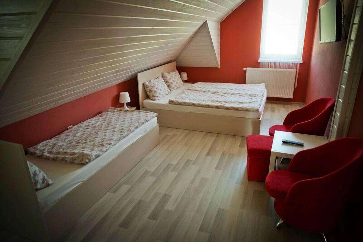 Habitación triple | Tabla de planchar con plancha, wifi gratis y ropa de cama 