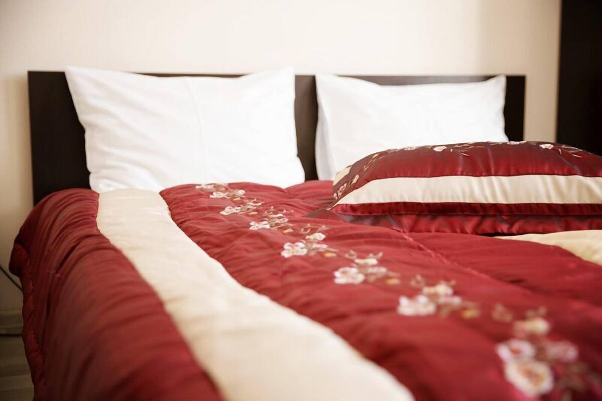 Habitación doble | Tabla de planchar con plancha, wifi gratis y ropa de cama 