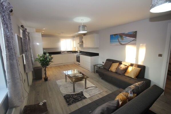 舒適雙人房單人入住, 2 間臥室, 非吸煙房 | 起居區 | 平面電視、 DVD 播放機