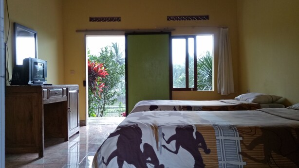 A bedroom with a bed, a TV on a wooden cabinet, and a window with a view of greenery. - Asparin Homestay (Banyuwangi)
