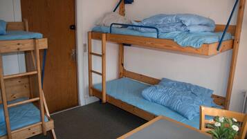 Habitación con literas, un escritorio, una silla, una puerta de madera y una pequeña mesa con una planta.