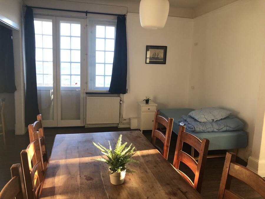 A room with a wooden dining table, chairs, a bed with a blue mattress, a small bedside table with a plant, and a window with curtains.