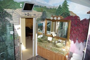 Hair dryer, towels, soap, shampoo