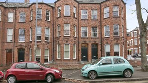 A row of red brick townhouses with white window frames and black doors. - Haven Apartments at Eglantine Avenue (Belfast)
