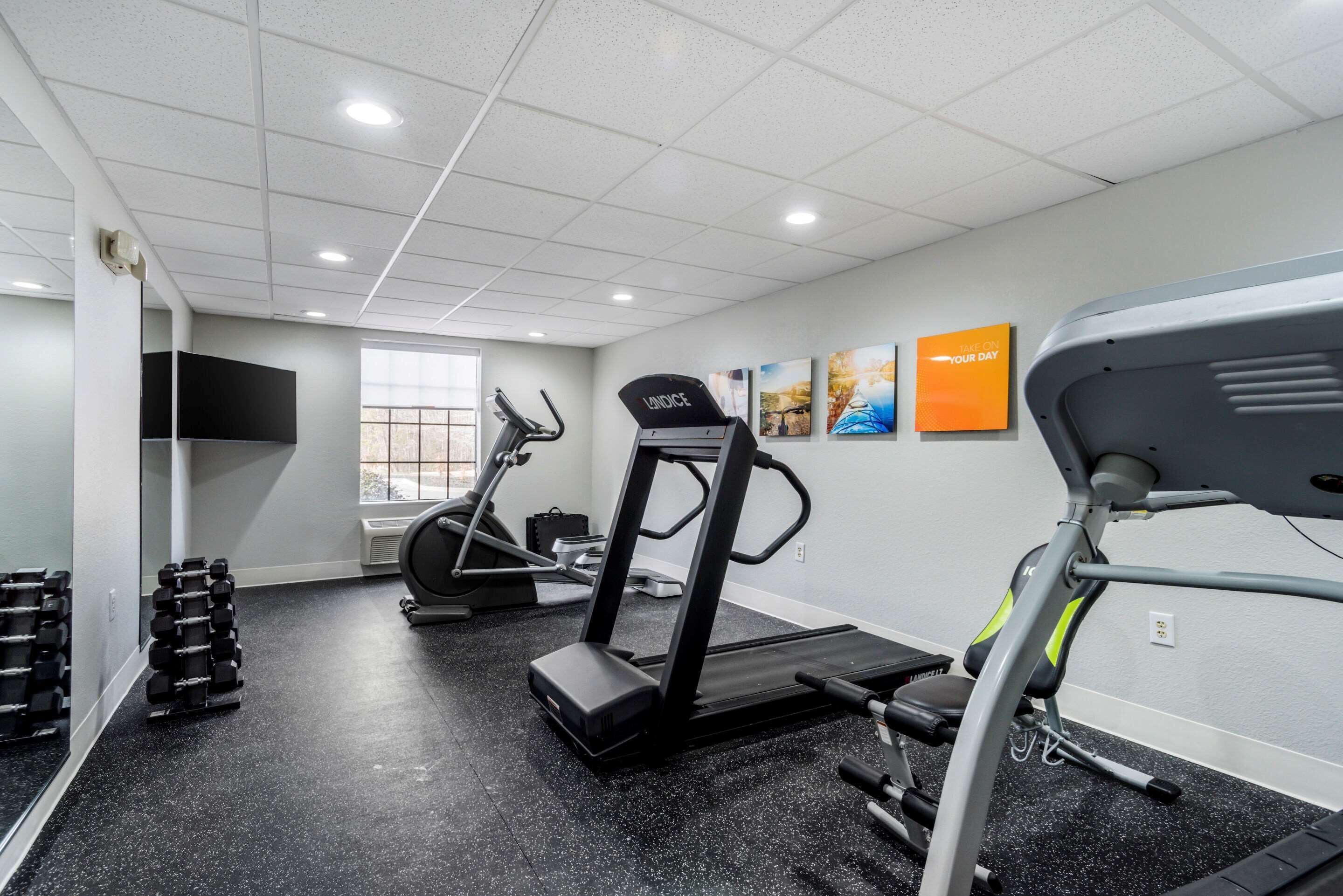 Una palestra con tapis roulant, manubri e uno specchio.