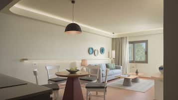 A modern living room with a dining area, a sofa, a coffee table, and a lamp.