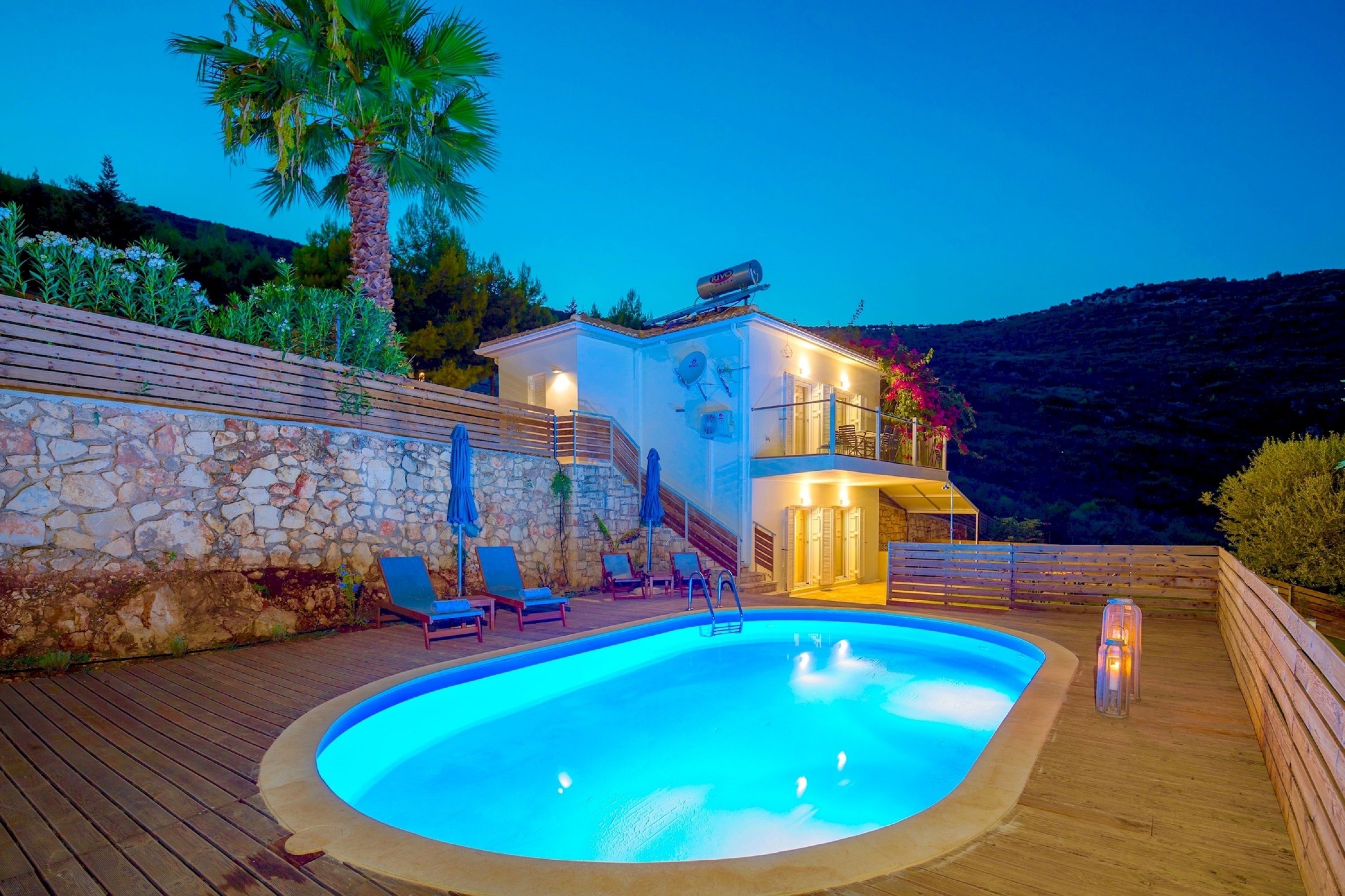 Outdoor pool, pool umbrellas, pool loungers