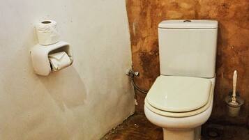 Un baño pequeño y funcional con inodoro y dispensador de papel higiénico en la pared.