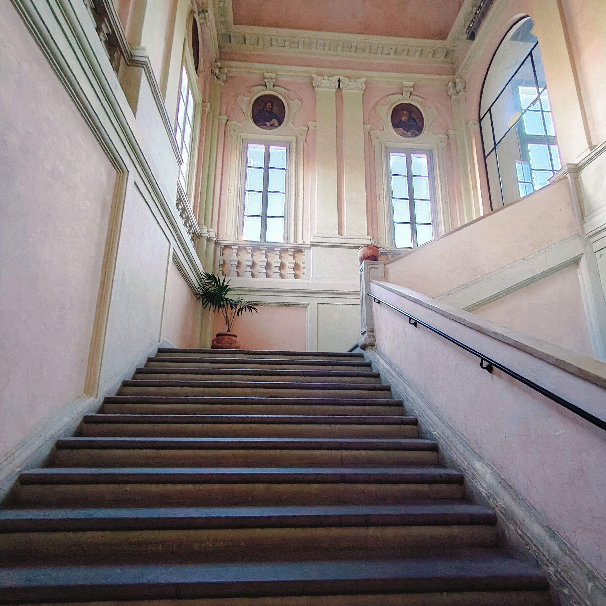 A grand staircase with ornate columns and decorative moldings, leading to a landing with a potted plant.