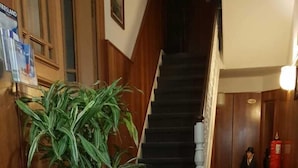 A wooden staircase with a potted plant on the landing.