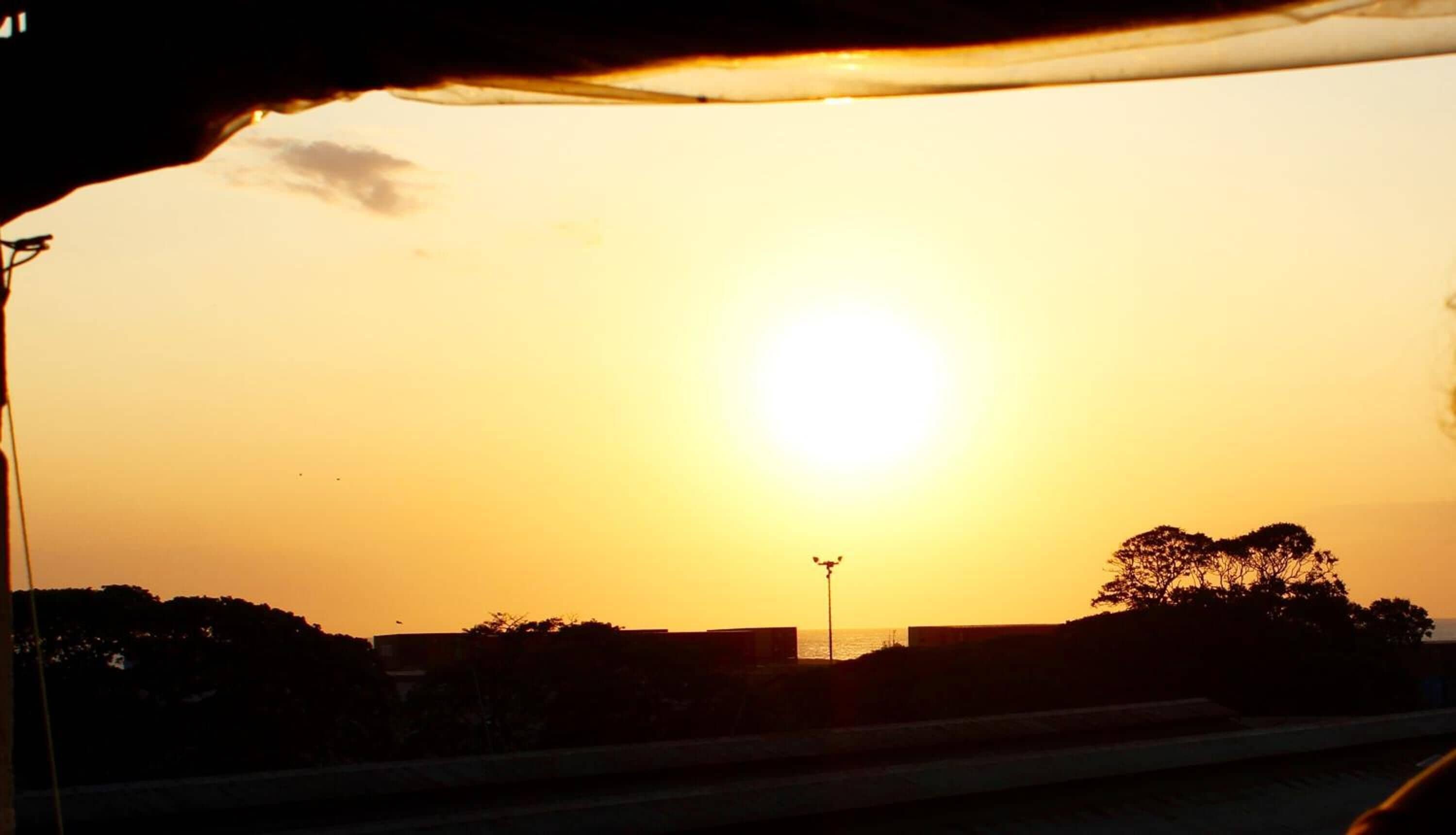 A sunset with the sun low on the horizon, silhouetting trees and buildings.