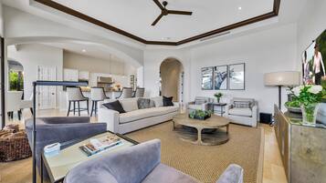 Smart TV, fireplace, foosball, table tennis