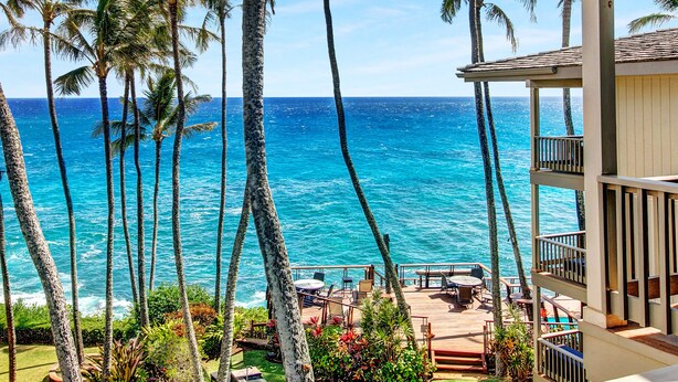 A deck with outdoor seating overlooking the ocean, surrounded by palm trees.