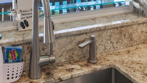A kitchen with a stainless steel sink, a granite countertop, and a window with a view of palm trees and the ocean.