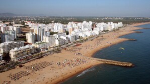 Un paisaje urbano costero con una playa extensa, numerosos rascacielos y un cielo despejado.