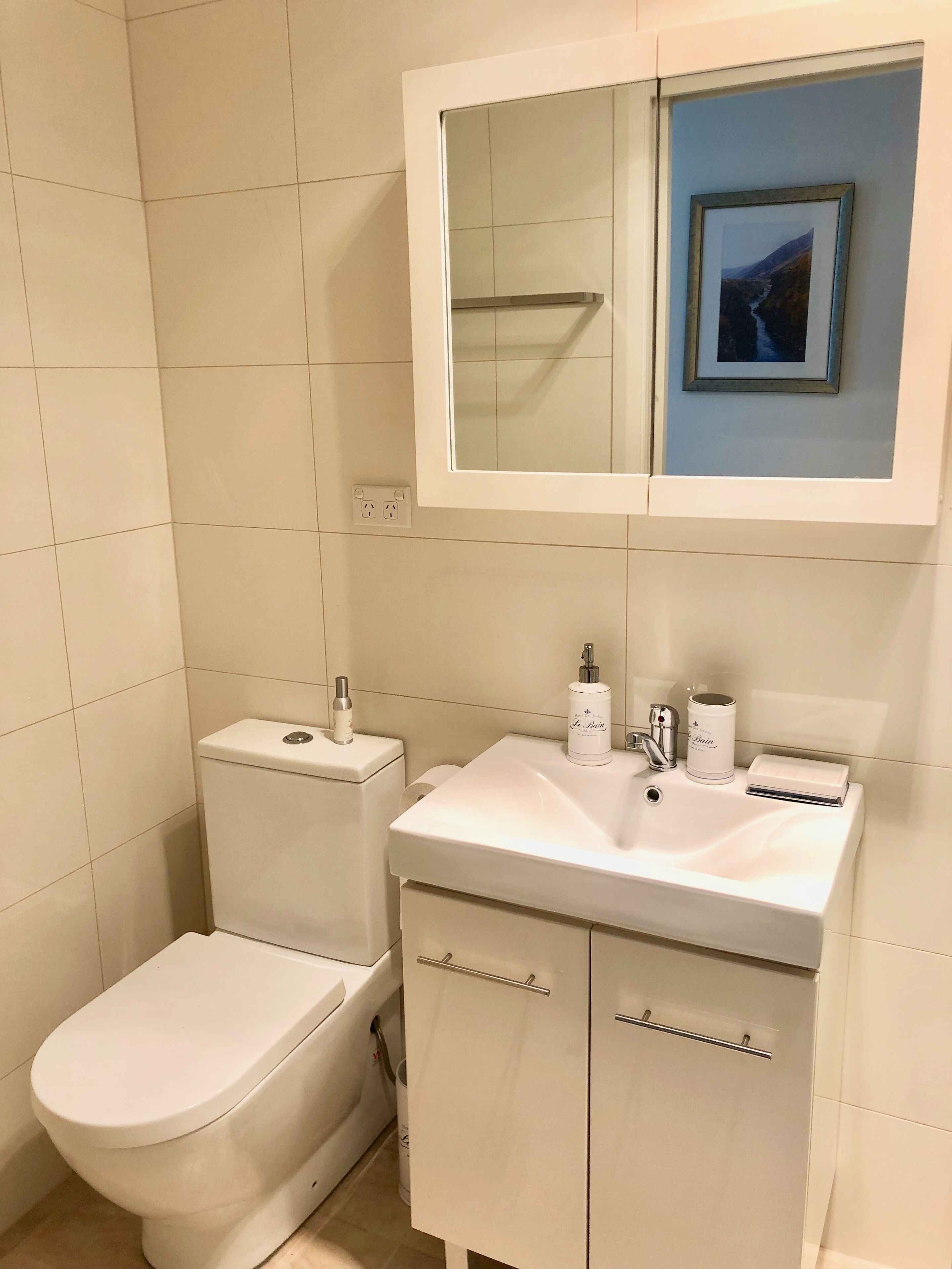 A bathroom with a toilet, sink, and cabinet.