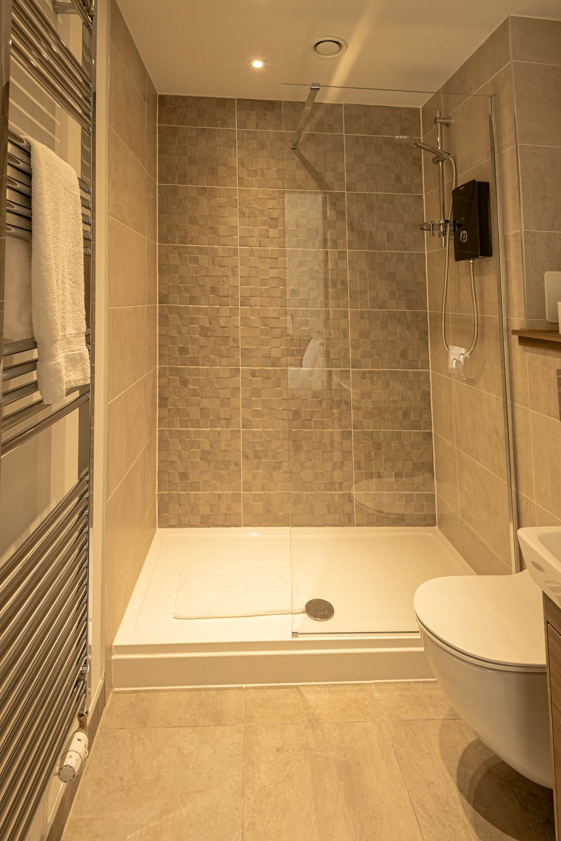 A modern bathroom with a walk-in shower, a toilet, and a towel rack.