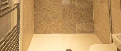 A modern bathroom with a walk-in shower, a toilet, and a towel rack.