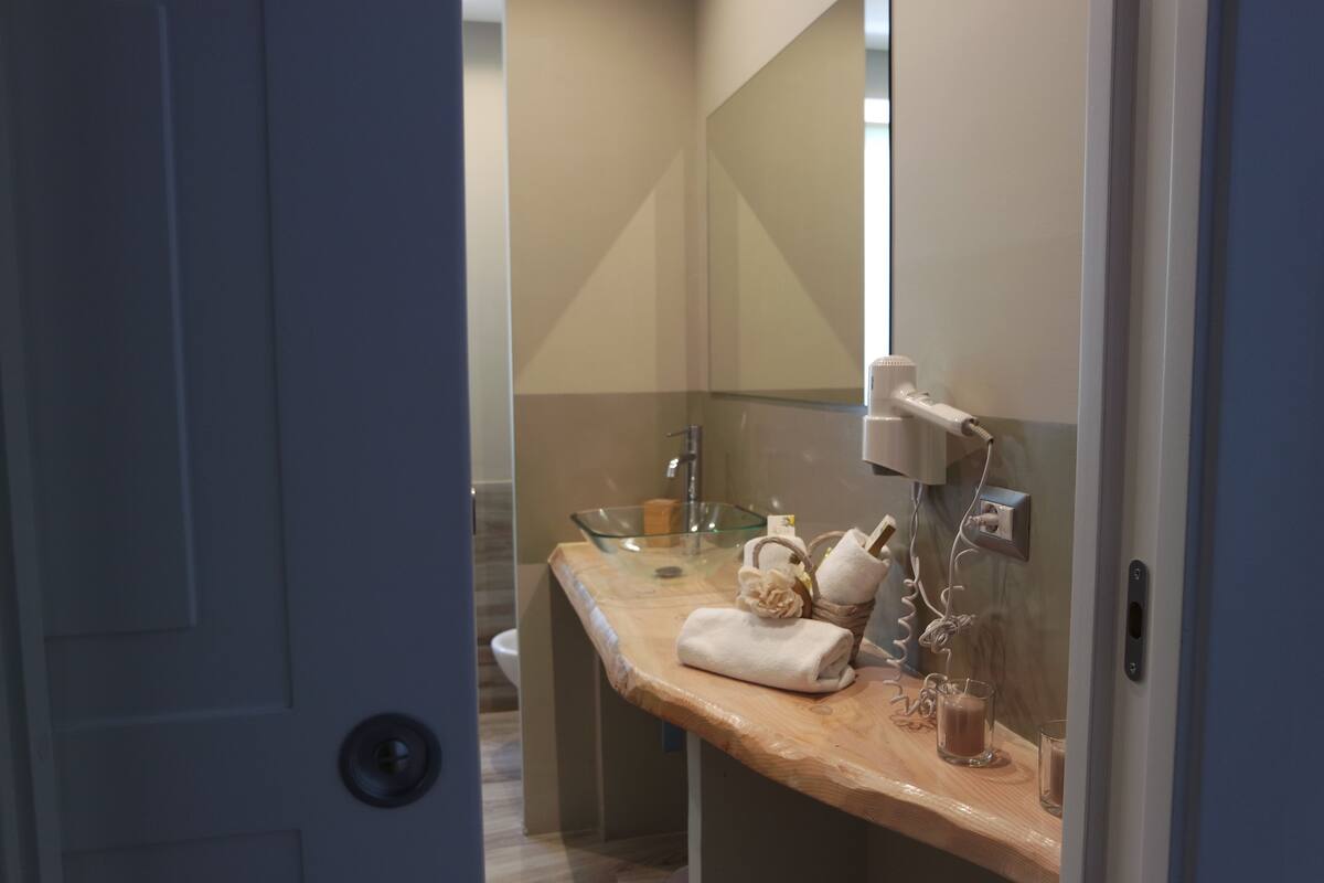 shower, rainfall showerhead, free toiletries, hair dryer