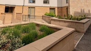 Un bâtiment moderne doté de nombreuses fenêtres, d’un toit plat et d’un petit jardin agrémenté de plantes et d’un sentier.