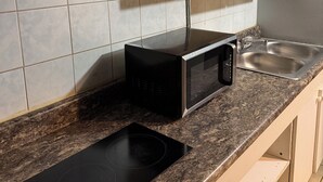 A kitchen with white cabinets, a microwave, a sink, and a black induction cooktop. - Troy Inn and Suites (Troy)