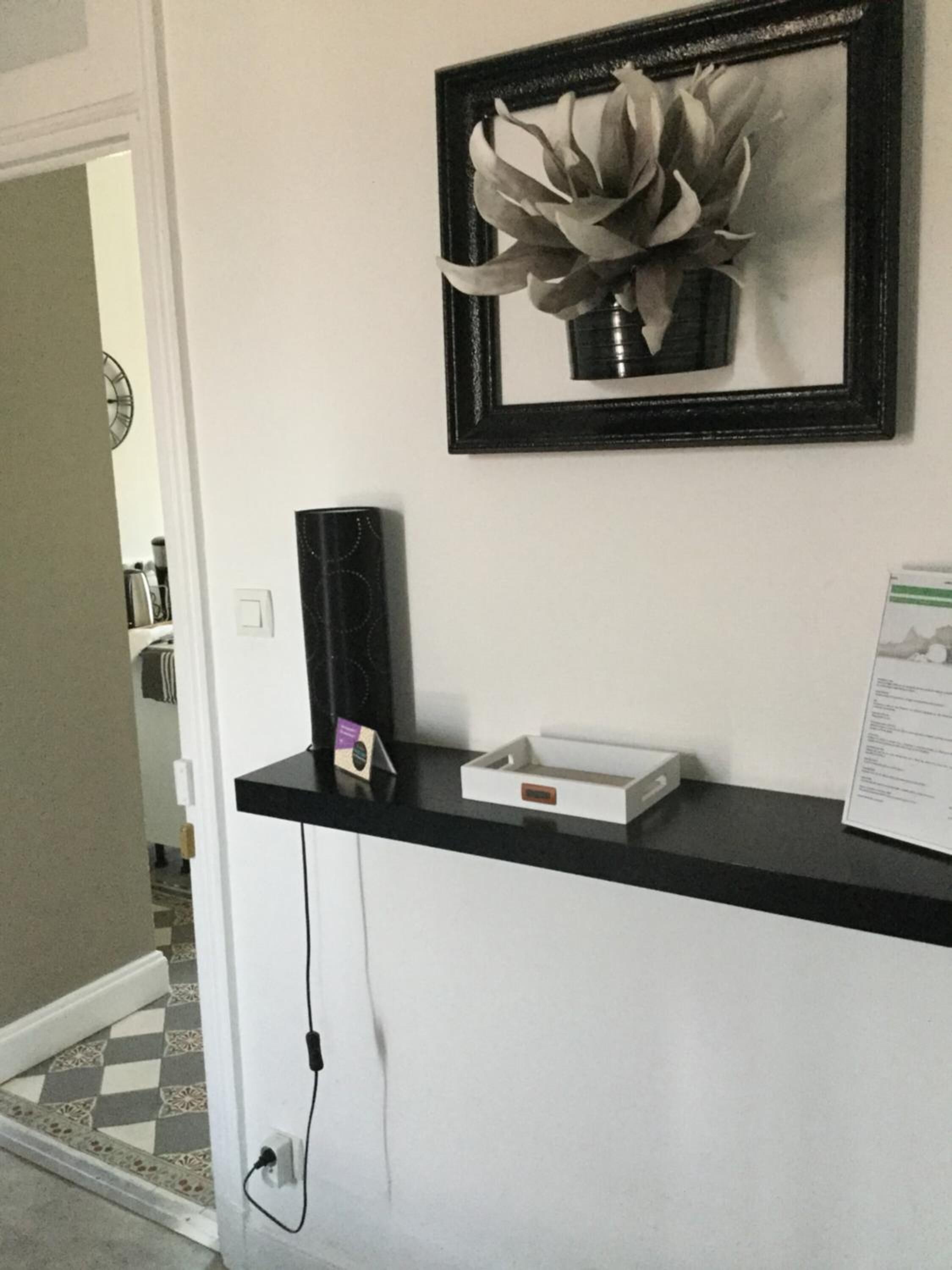 Un quadro con un fiore incorniciato in nero appeso a una parete bianca, un altoparlante nero, un cassetto bianco e una presa di corrente.