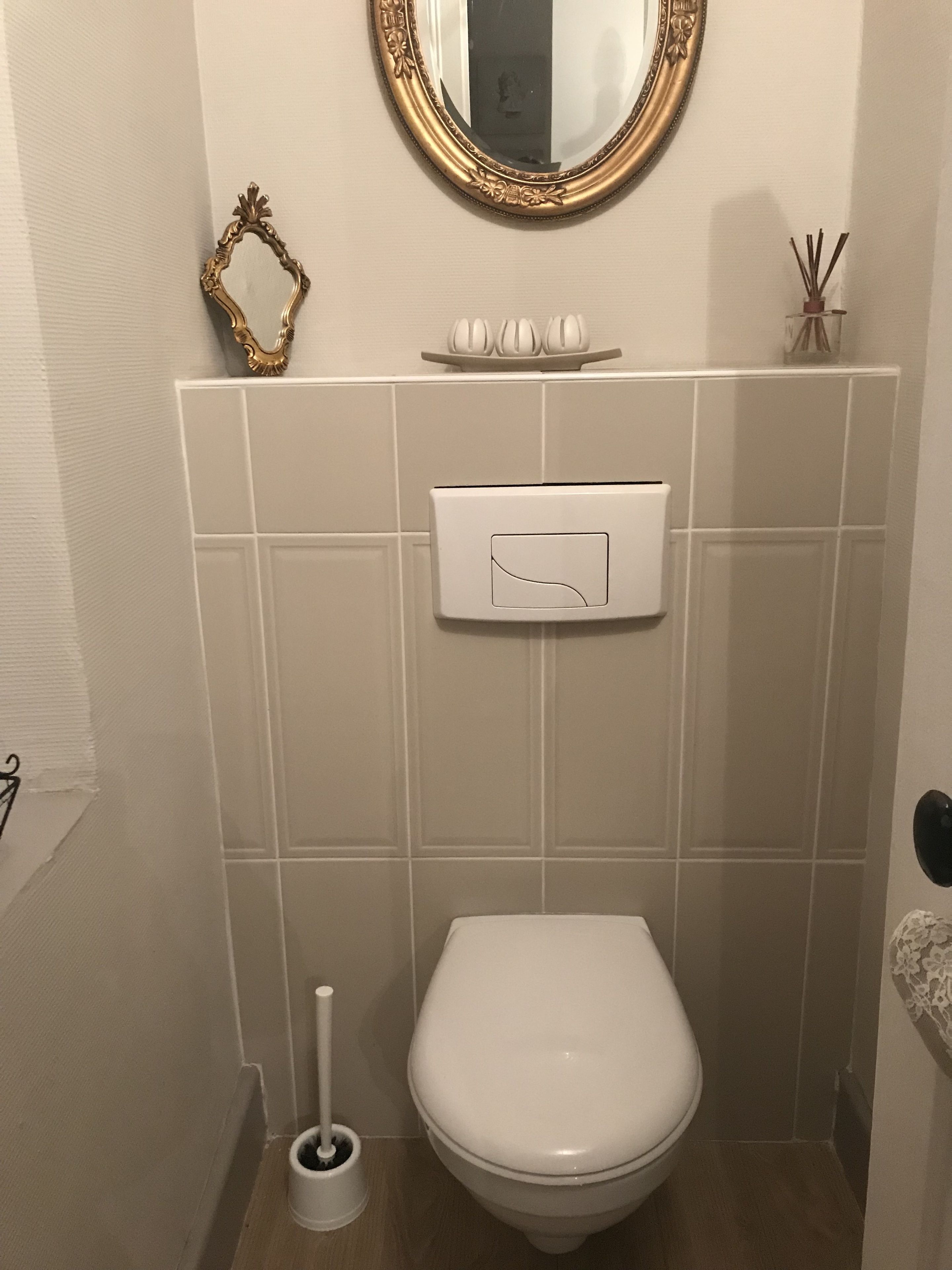 A bathroom with a toilet, a wall-mounted toilet paper holder, a mirror with a gold frame, and a small decorative item on the wall.