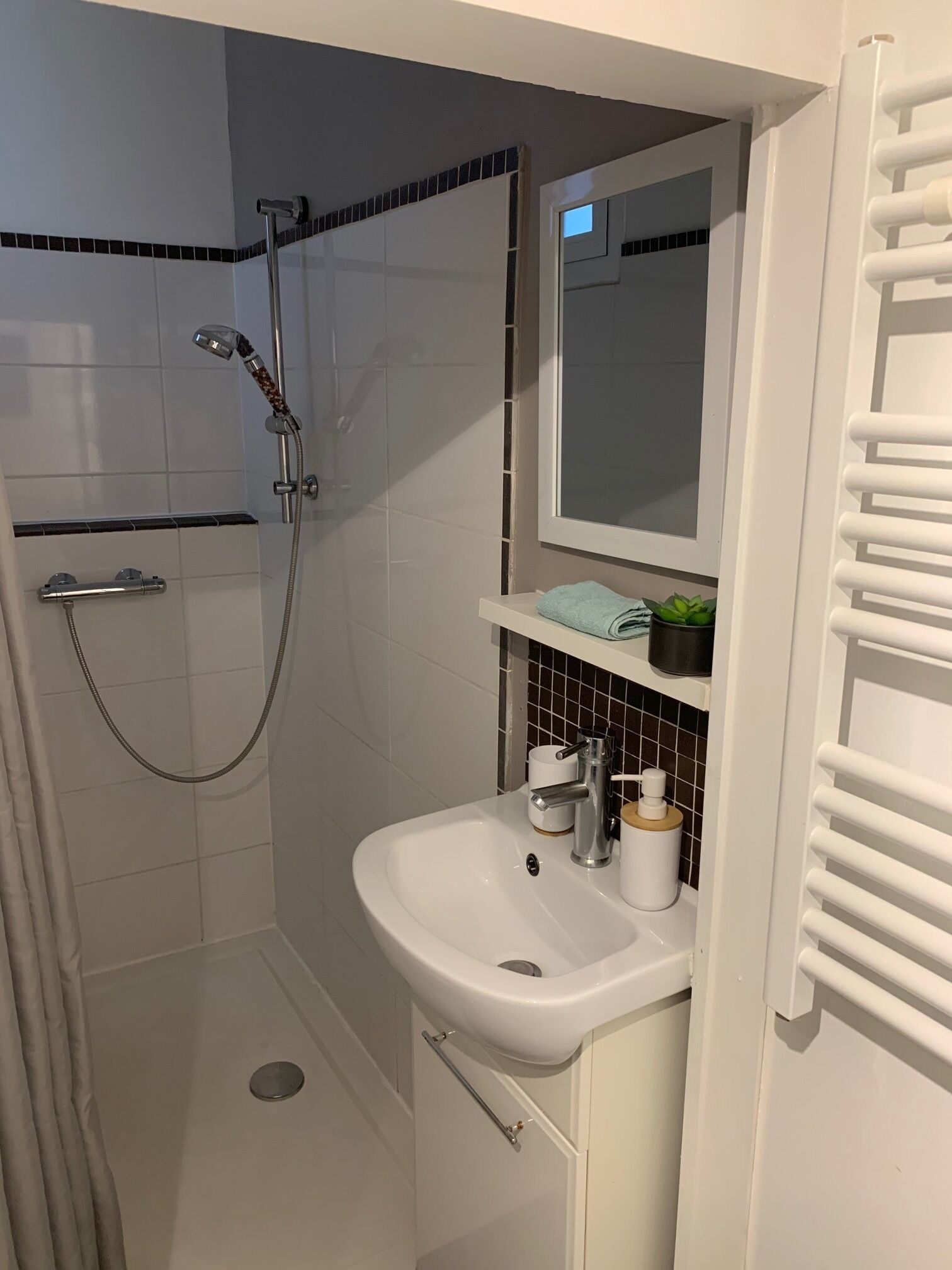 A bathroom with a shower, sink, and mirror.