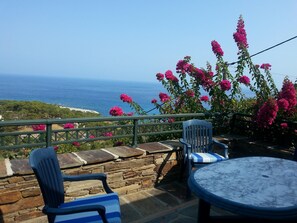 Outdoor dining - 2 bedroom studio, 4 people, 1 bathroom, large terrace, breathtaking sea and mountain views (Gialiskari Ikaria)