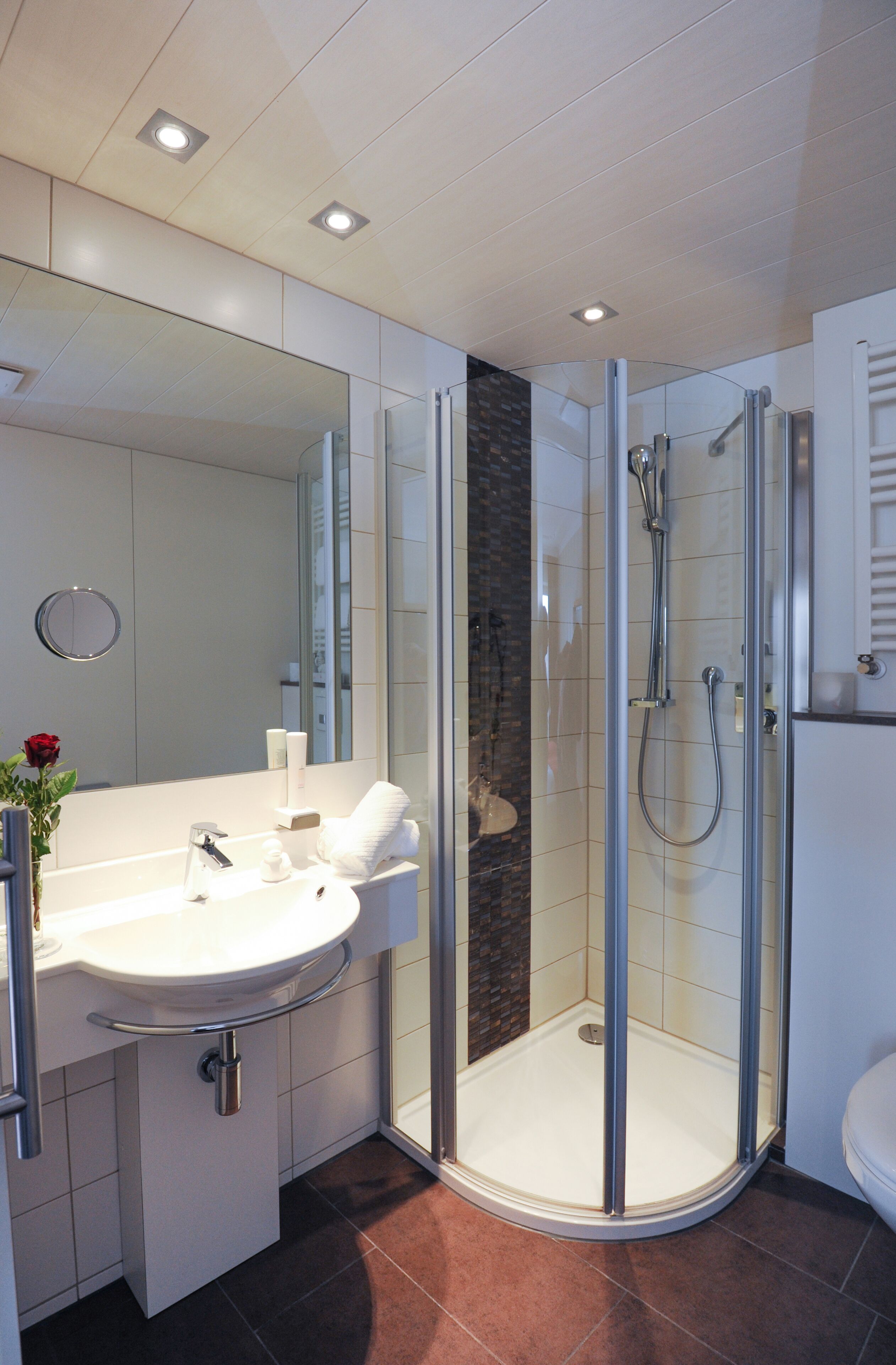 A modern bathroom with a glass-enclosed shower, a white sink, and a large mirror.