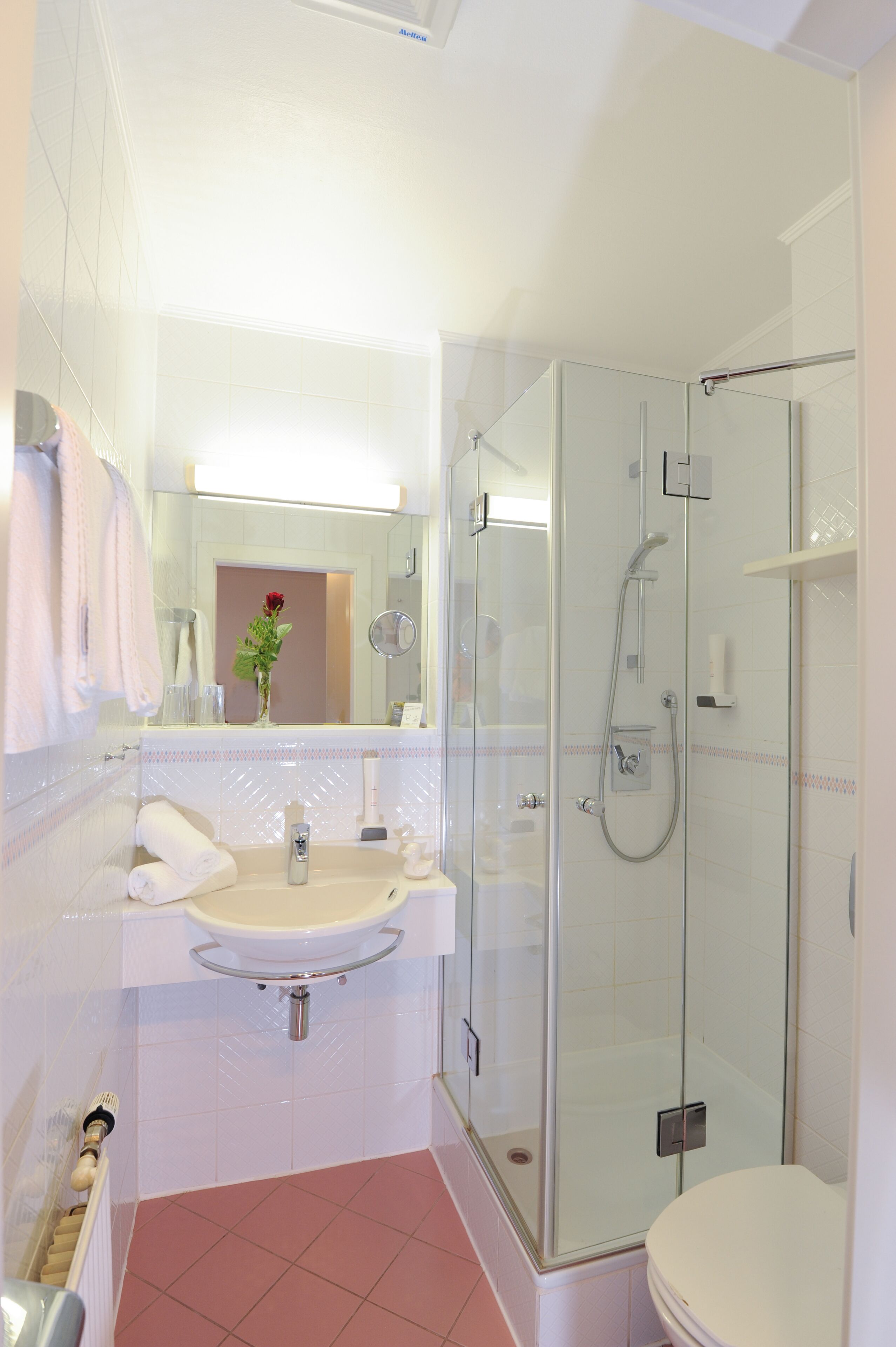 A bathroom with a glass-enclosed shower, a sink with a mirror, and a toilet.